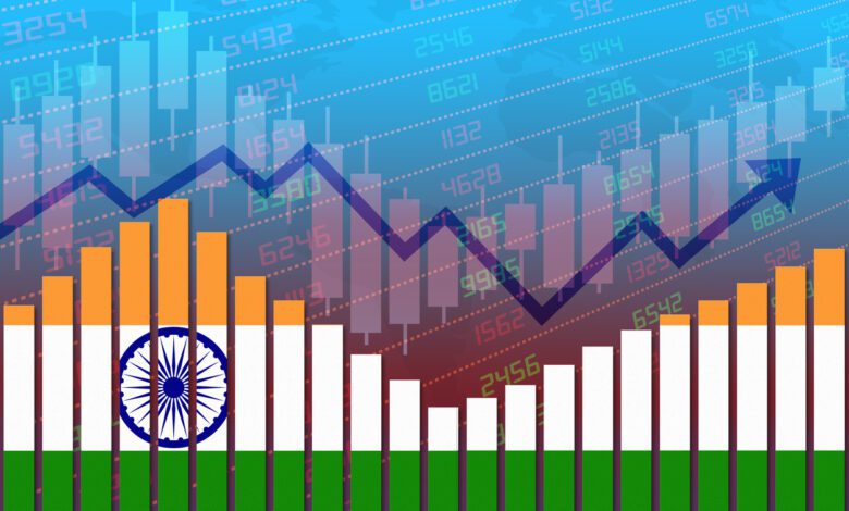 Flag of India on bar chart concept of economic recovery and business improving after crisis such as Covid-19 or other catastrophe as economy and businesses reopen again.