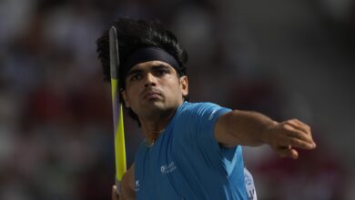 Neeraj Chopra, of India, makes an attempt in the Men's javelin throw qualification during the World Athletics Championships in Budapest, Hungary, Friday, Aug. 25,