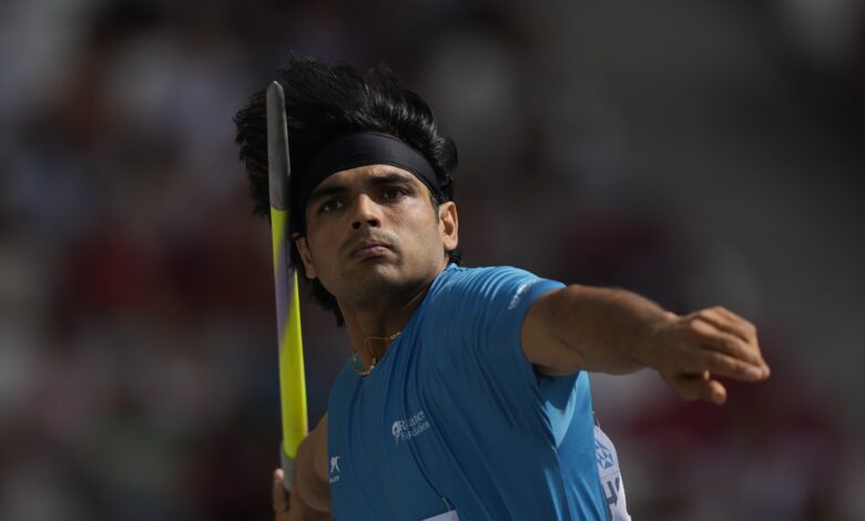 Neeraj Chopra, of India, makes an attempt in the Men's javelin throw qualification during the World Athletics Championships in Budapest, Hungary, Friday, Aug. 25,