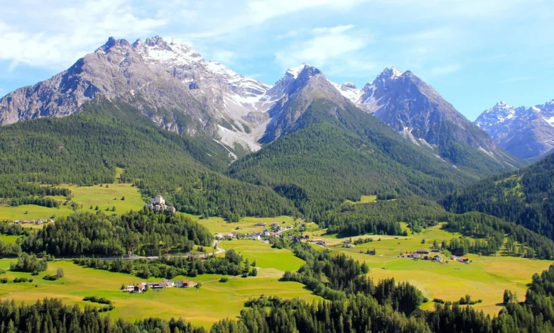 village Alpine valley canton Saint Moritz Engadin